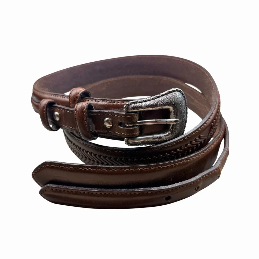Nocona Belt Brown Tooled Leather Western Size 44 Engraved Silver Buckle Men's